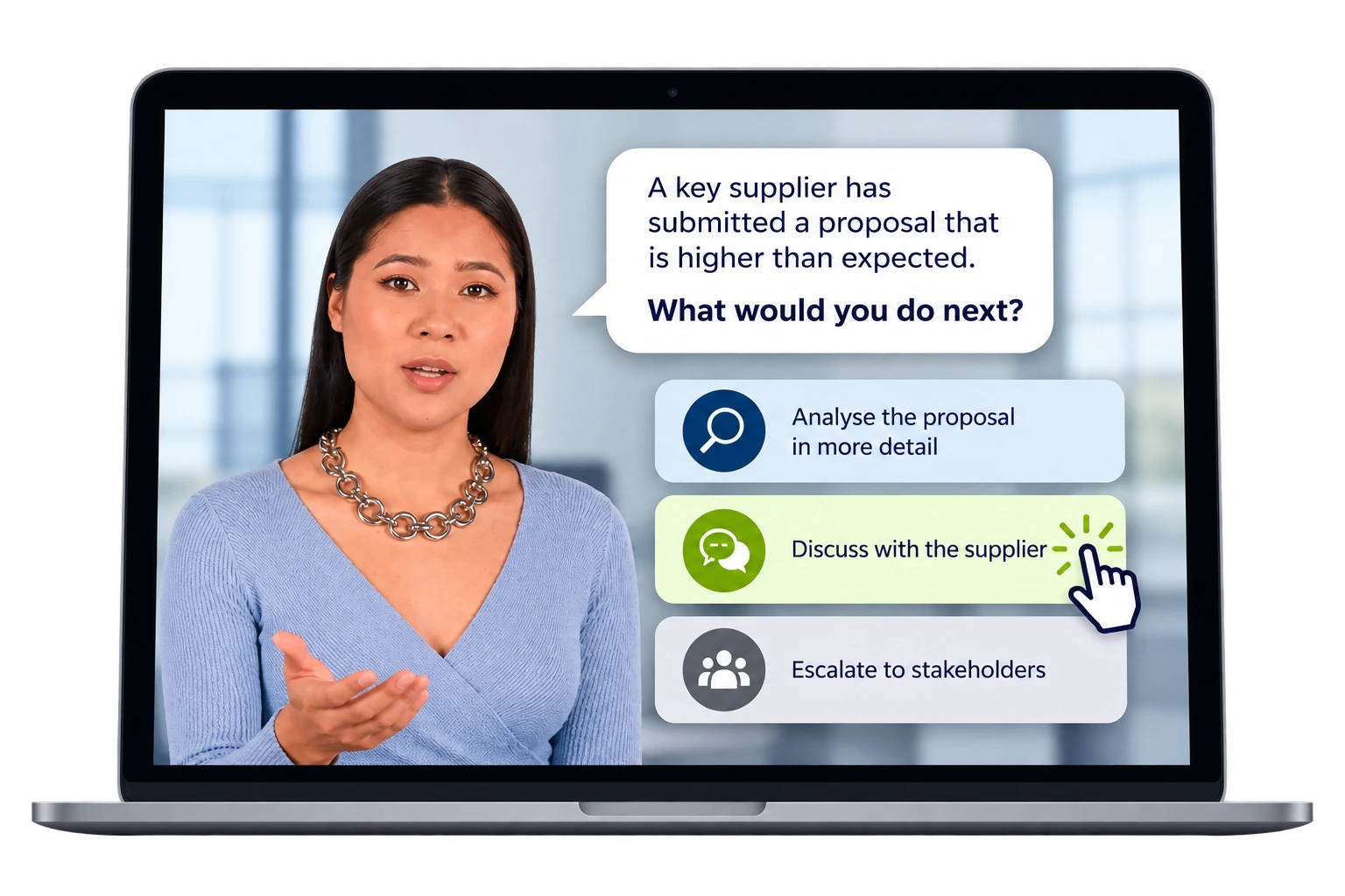 A video scenario in which a key supplier's proposal comes in higher than expected, with three choices for what to do next