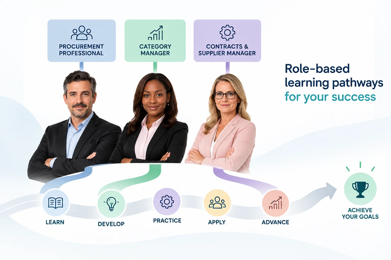 Learning pathways for a procurement professional, a category manager and a contracts and supplier manager, moving through learn, develop, practise, apply and advance