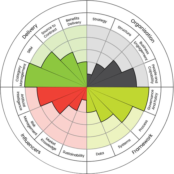 The Comprara maturity wheel: 16 dimensions in four quadrants, Delivery, Organisation, Framework and Influencers, with each dimension scored outward from the centre to show an uneven maturity profile.