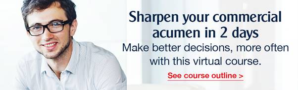 Banner inviting readers to a two day virtual course on sharpening commercial acumen and decision making