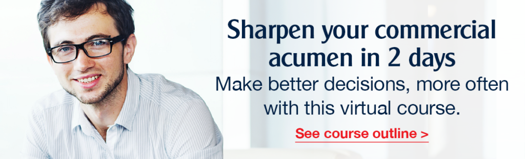Banner advertising a two-day virtual course to sharpen commercial acumen and decision-making skills.