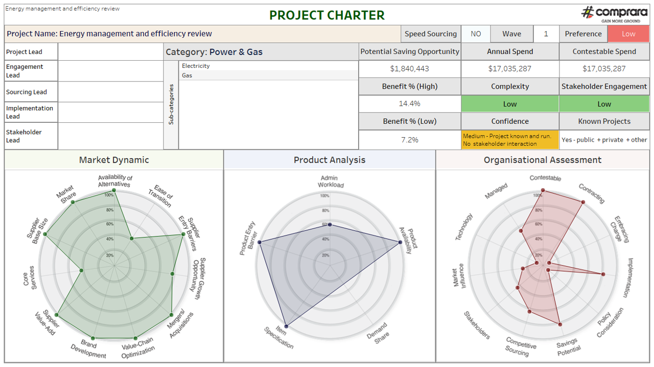 Project charter template showing spend, savings and radar charts for market, product and organisational assessment.