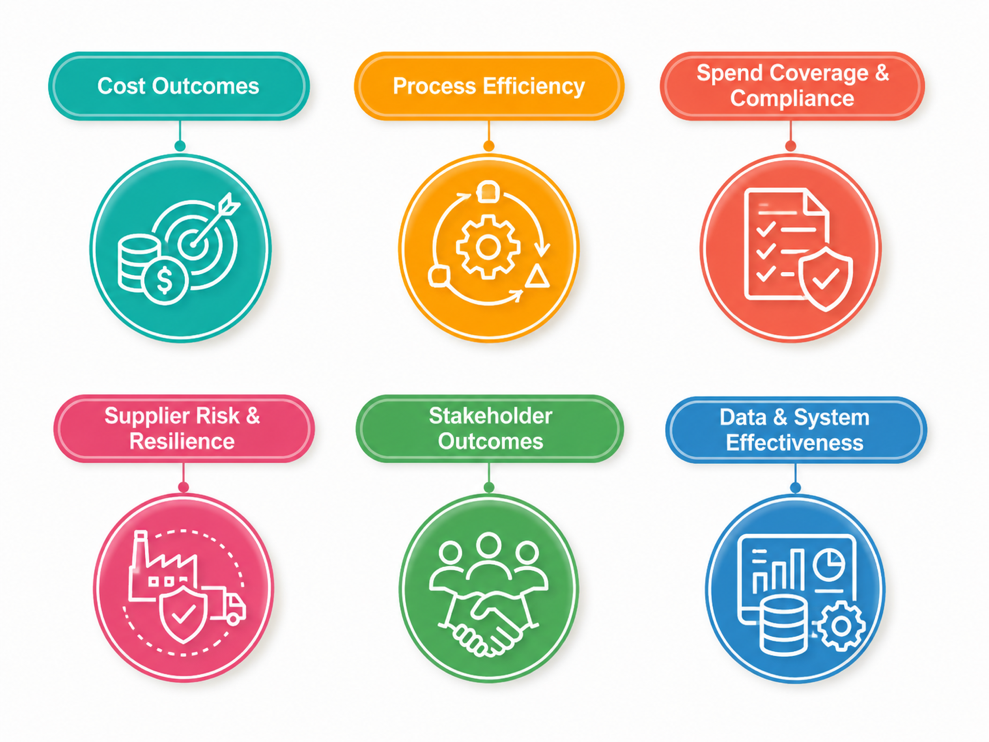 Illustration showing procurement measurement architecture including KPIs, benchmarking, supplier risk, compliance and operational performance